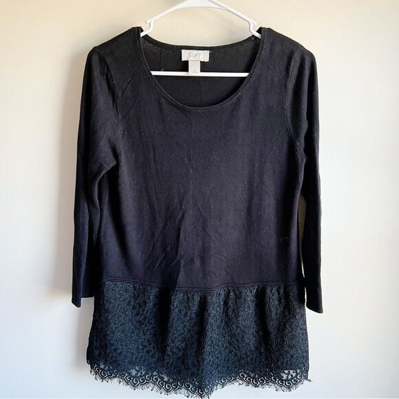 Loft Black Lace Layered Hem 3/4 Sleeve Lightweight Sweater - Picture 1 of 5